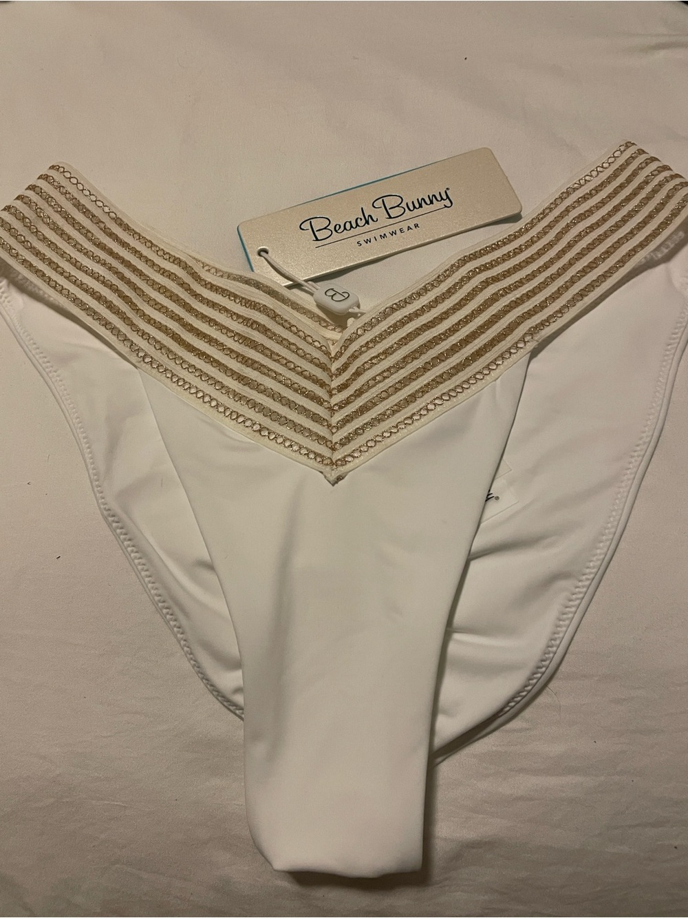 Beach Bunny White Bikini Bottom with Gold Trim